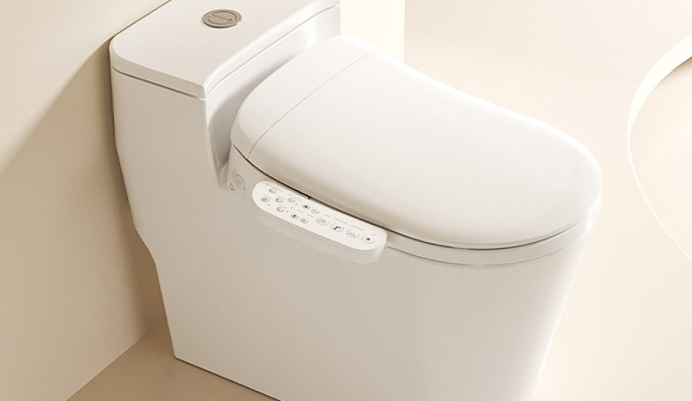 white smart toilet cover in a bathroom